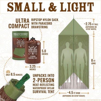 World's Toughest Ultralight Survival Tent • 2 Person Mylar Emergency Shelter Tube Tent + Paracord • Year-Round All Weather Protection for Hiking, Camping, & Outdoor Survival Kits (Army Green)