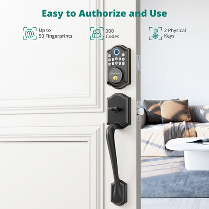 Keyless Entry Door Lock with Handle Set - Fingerprint Door Locks, Electronic Keypad Deadbolt, Smart Locks for Front Door, Auto-Lock & One Touch Locking, Easy Installation - Satin Nickel