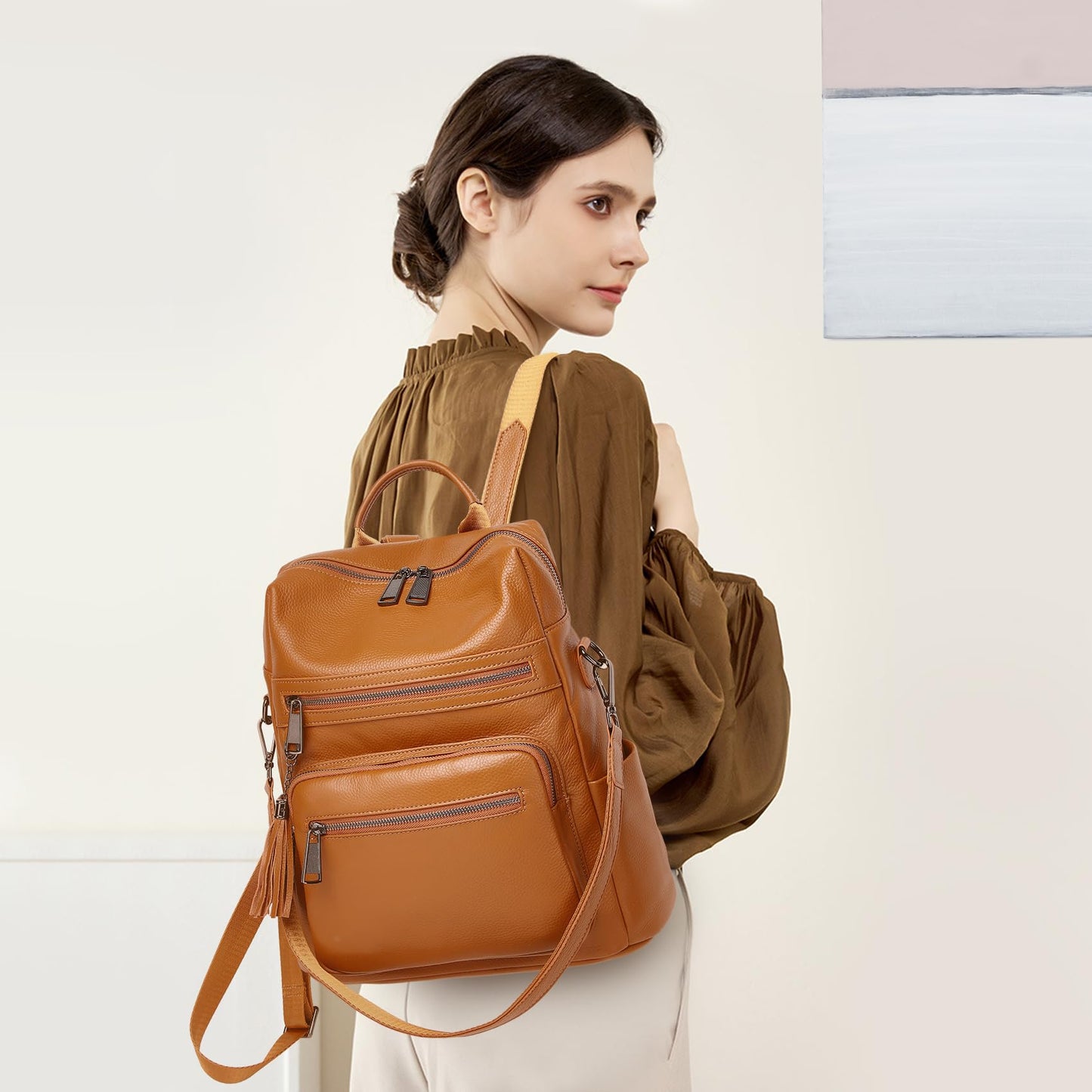 Wesccimo Genuine Leather Backpack Purse For Women Real Soft Leather Fashion Convertible Shoulder Bag Burnt Caramel/Orange