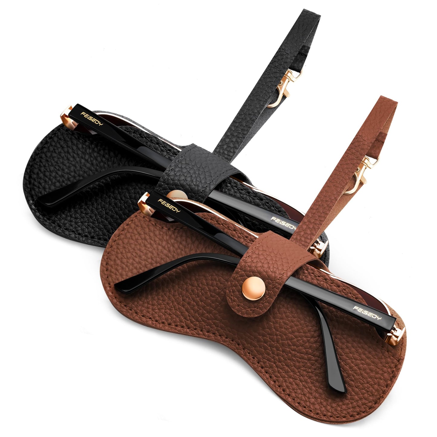 FEISEDY 2Pack Soft Leather Sunglass Case-Slim Portable Glasses Holder with Button-Closure Wrist Strap for Travel & Outdoor B0308