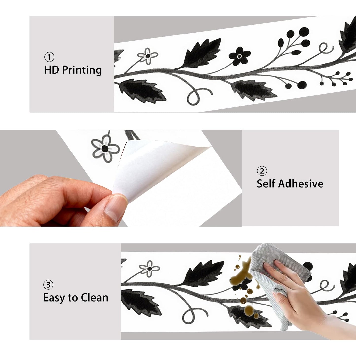 Nuxovilar Peel and Stick Wallpaper Border, Self-Adhesive Wall Border, PVC 3.94×16.4 Ft, Wall Borders Peel and Stick for Accent Walls, Craft Rooms, Laundry Rooms (Black White Floral Vine Design0