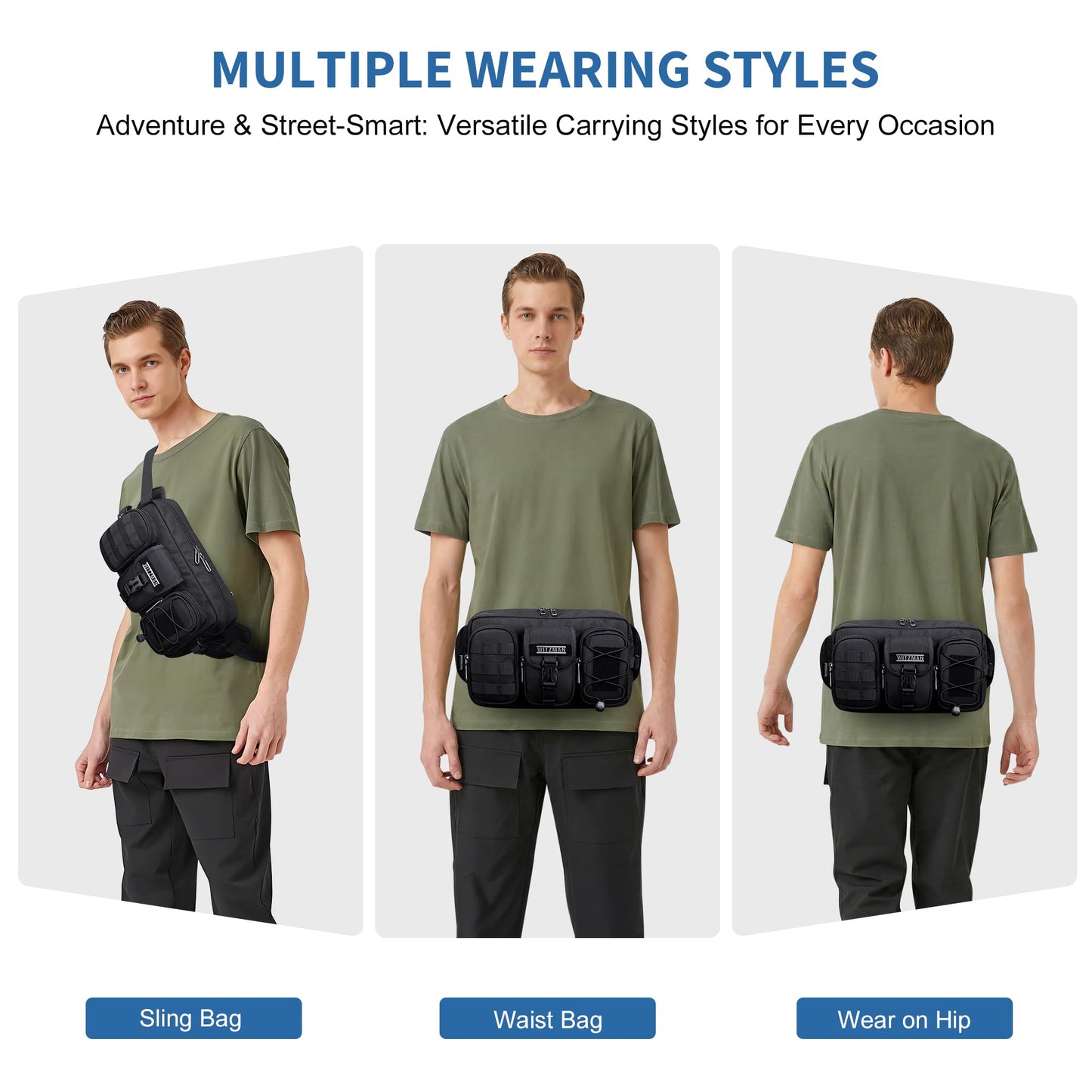 WITZMAN Fanny Pack for Men Fashion Waist Zipper Pack Bags Mens Belt Bag with Multi-pocket for Traveling Daily Walking（B733 Black）
