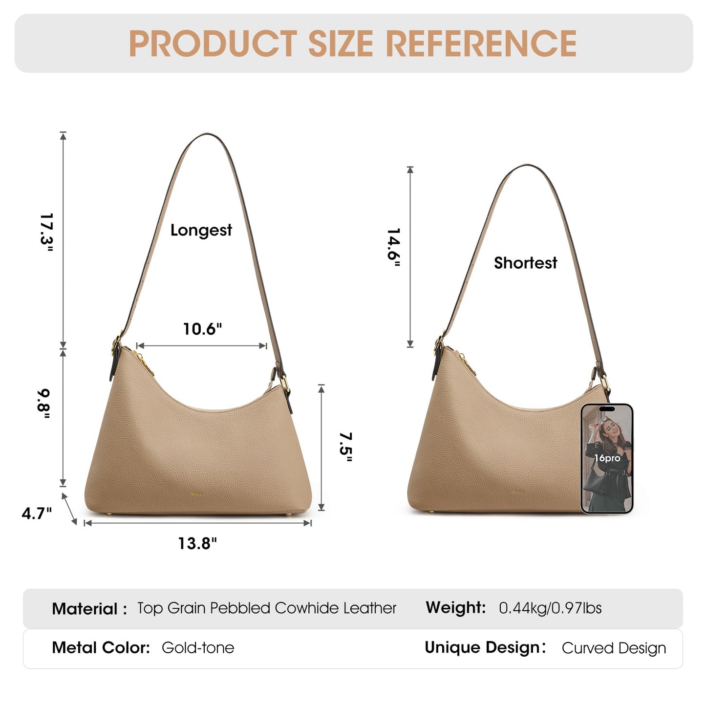 Kattee Shoulder Bag for Women Trendy, Leather Hobo Handbags and Purses, Work Tote Curved Designer Bag with Card Pockets & Adjustable Strap, Apricot
