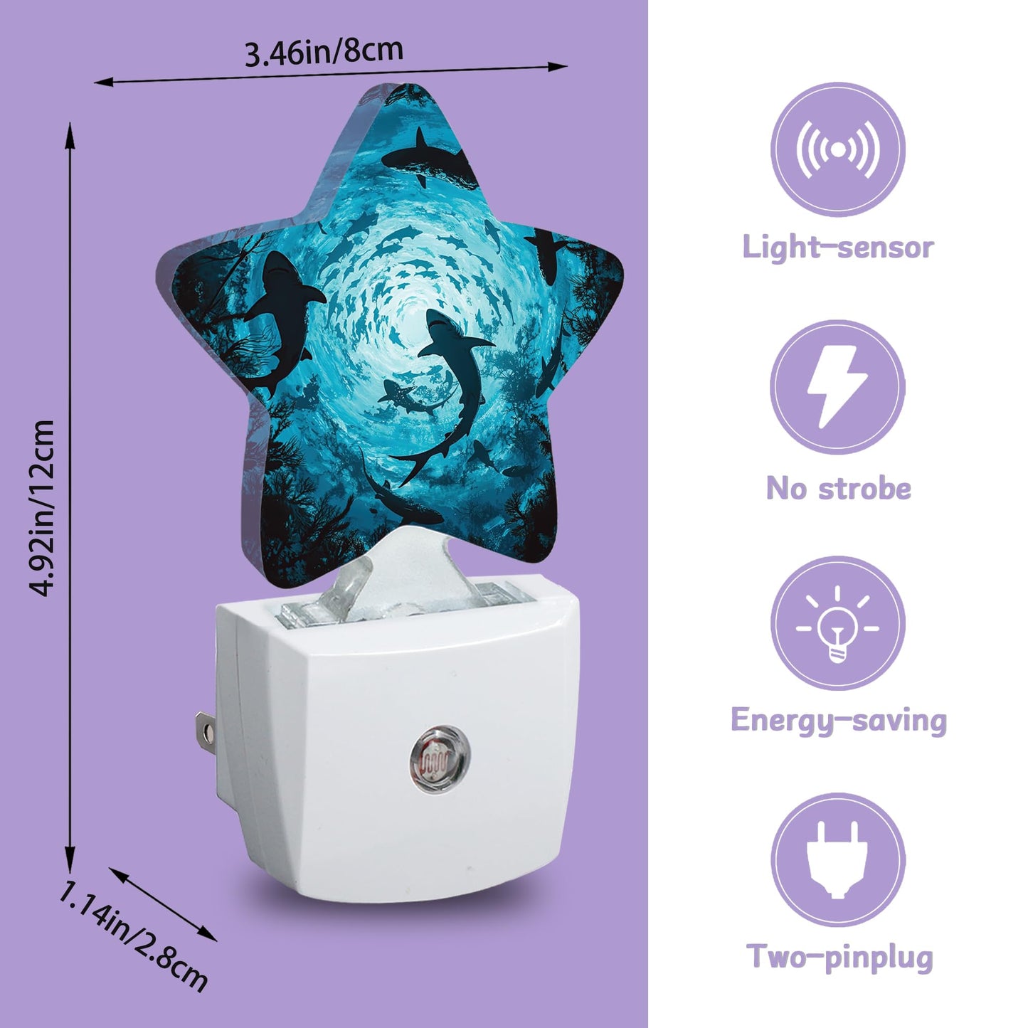 Sharks Swimming Decorative Nightlight Plug in Wall,Deep Blue Sea Star Shaped Night Light with Built in Sensor for Home Decor,Kitchen Hallway Stairs Desk Lamp