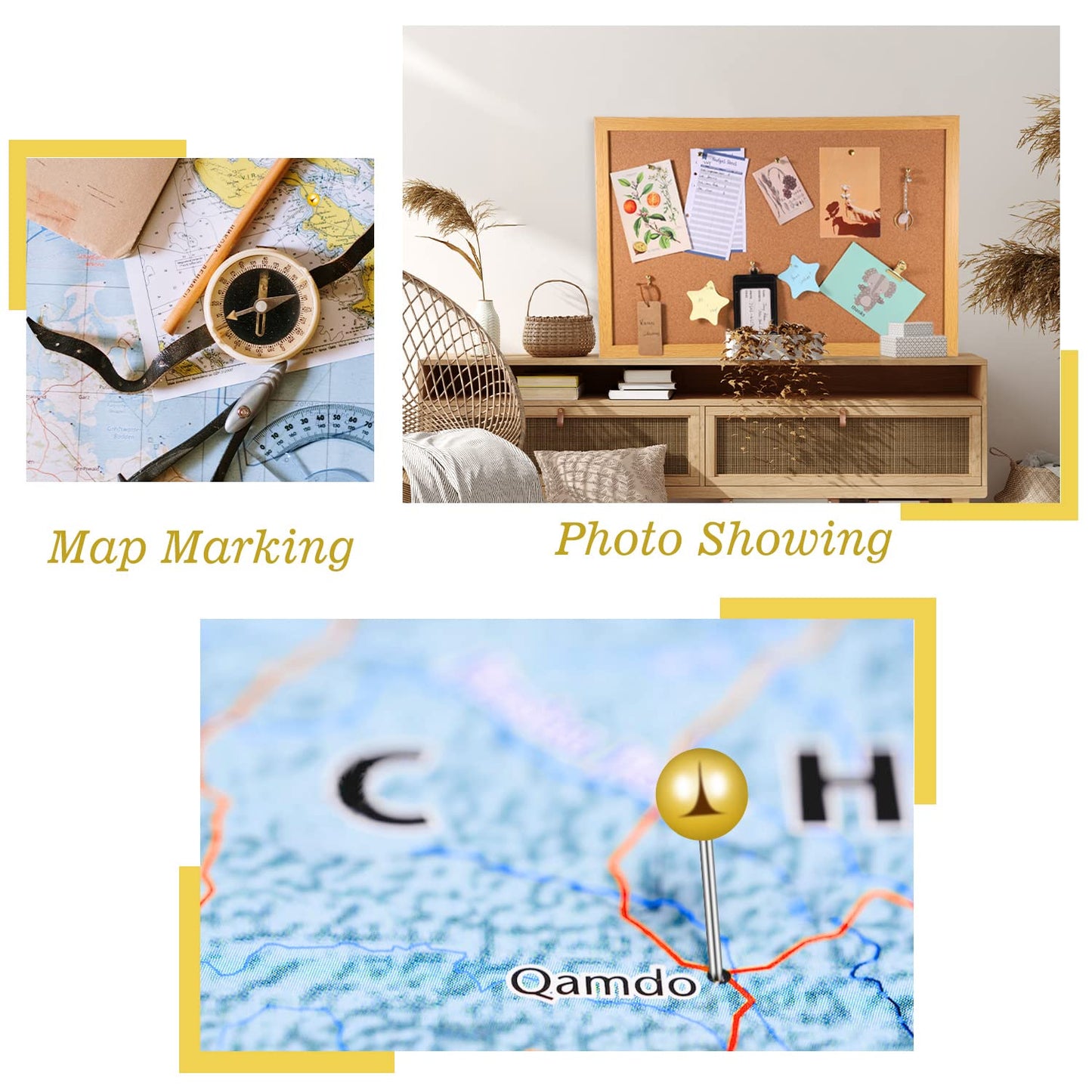310 Pcs Gold Push Pins Set Thumb Tacks Decorative Push Pins for Cork Board with Push Pin Hook Pushpin Clip 5 Style Office Accessories for Cork Board Map Office (Gold)