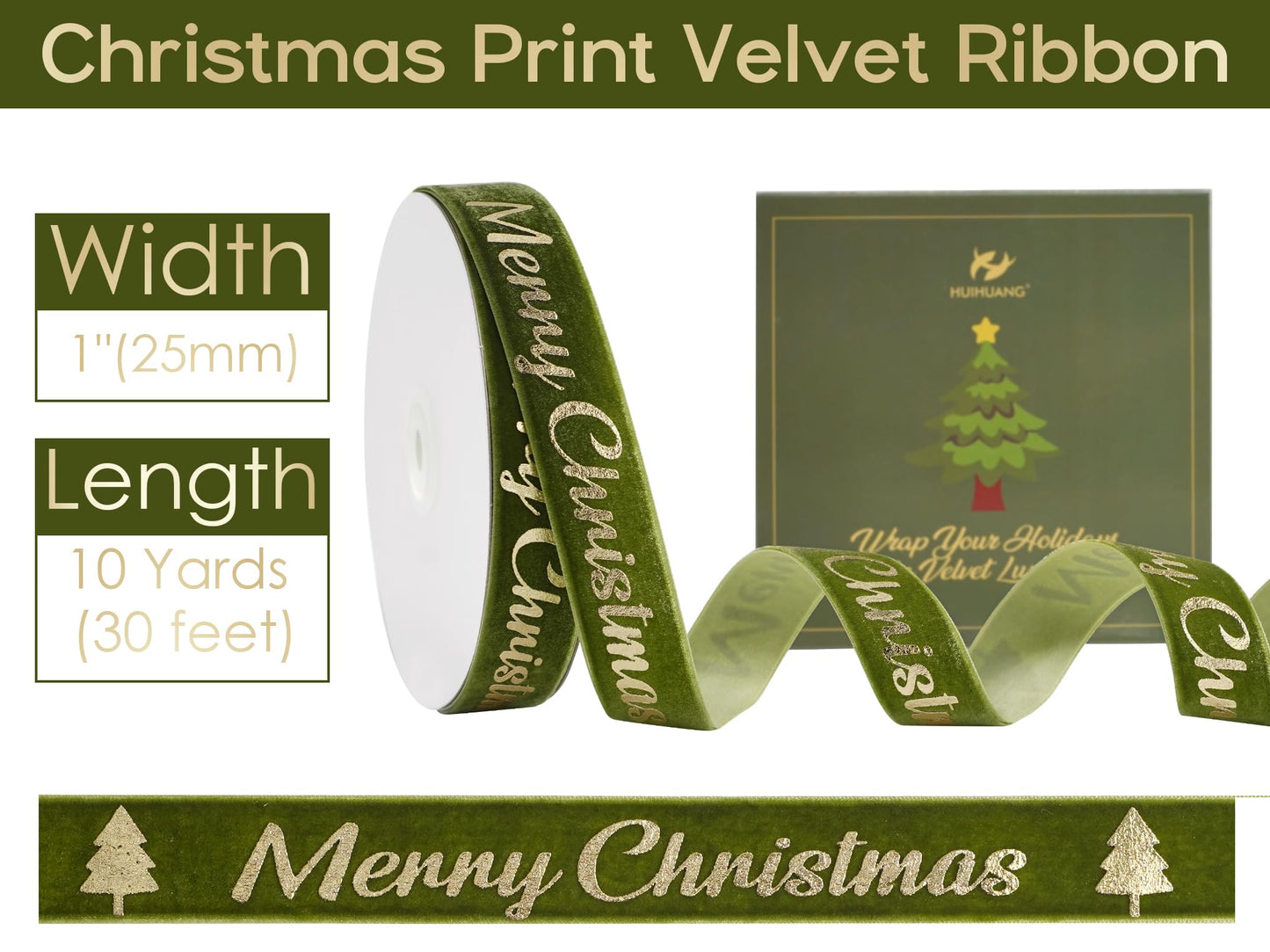 HUIHUANG Christmas Velvet Ribbon 1 inch Moss Green Velvet with Gold Merry Christmas Tree Ribbon for Gift Wrapping, Tree Ornaments, Wreaths, Garlands, DIY Crafts- Continuous 10 Yards