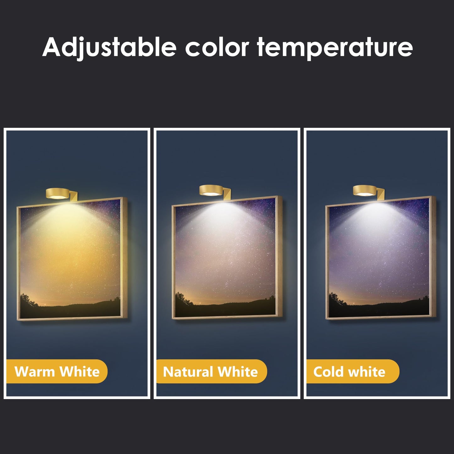 3-Pack Picture Light Battery Operated, Magnetic Led Lights with Remote, Dimmable and Timer Painting Light, Art Display Light for Picture Frame Artworking Portrait, Home Wall Decor Puck Lights, Gold