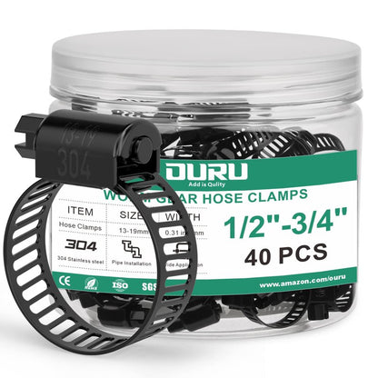 OURU 40PCS 1/2"-3/4" Black Hose Clamp,Adjustable 13-19mm Small Hose Clamps Stainless Steel,Metal Worm Gear Drive Hose Clamps for Automotive,Plumbing,Intercooler,Pipe,Fuel Line Radiator Clamps