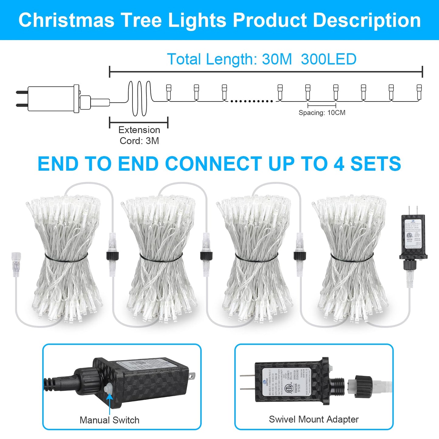 MGYIF 100FT 300 LED Christmas Lights Plug in,Cool White Waterproof Fairy Lights with Timer/8 Modes, Christmas Tree Lights Lighting Outdoor Indoor Garden Party Wedding Christmas Tree Decoration