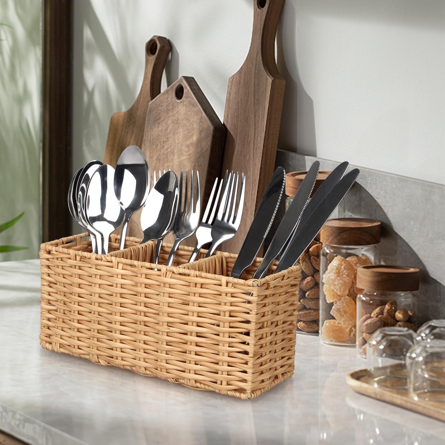 Ayiaren Wicker Flatware Silverware Caddy Cutlery Holder Kitchen Silverware Organizer Storage for Countertop Small Utensil Holders Party Table Spoon Knives Fork Holder Flatware Utensils Caddy Basket