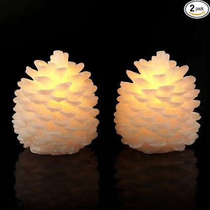 Homemory 2 Pcs Pine Cone Candles Flameless, White LED Flickering Lights with 6 Hours Timer, Battery Operated Candles for New Year Celebration Holiday Decorations D4.3 x H4.7 Inches