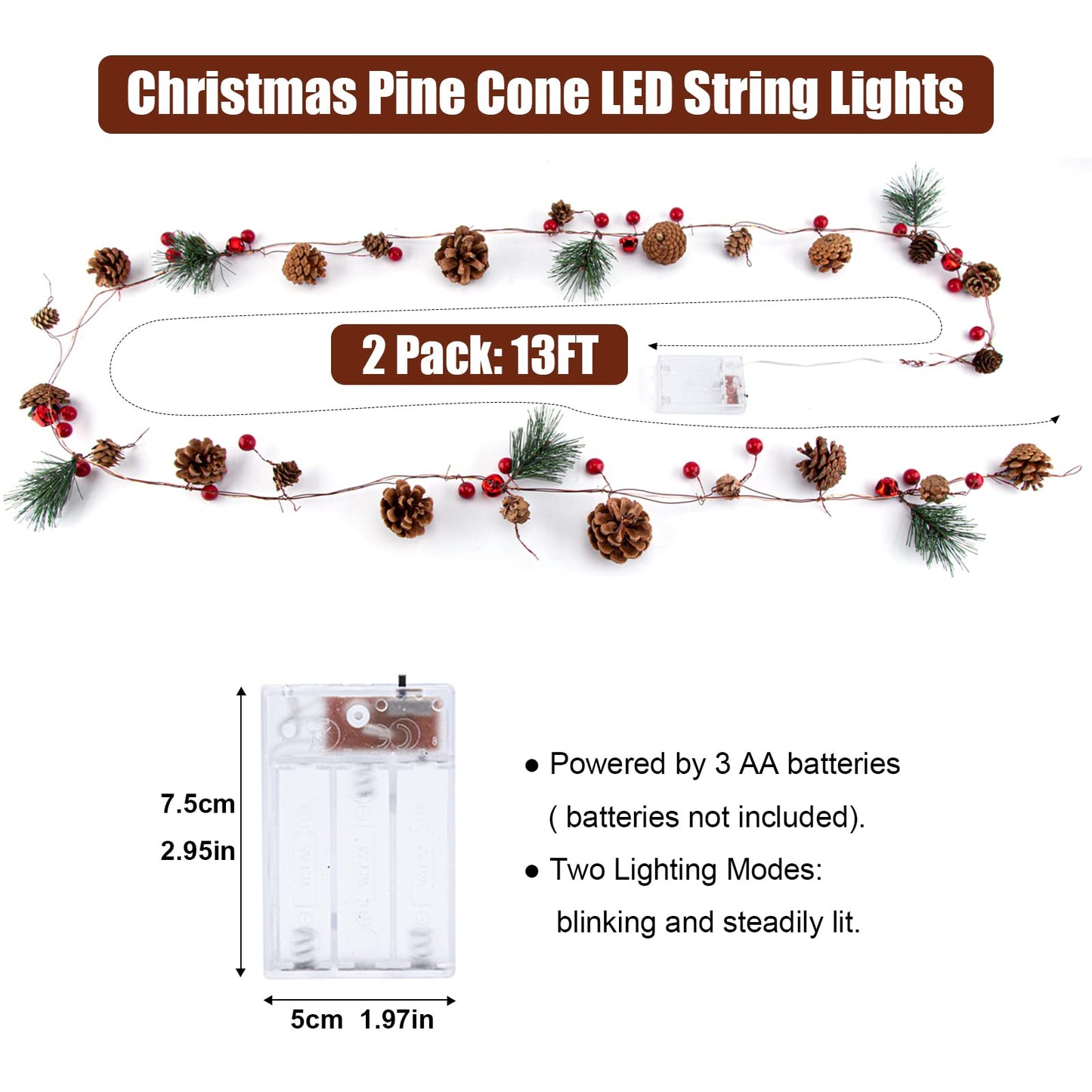 2 Pack Christmas Garland, 6.56 Ft LED String Light with Pine Cones, Red Berries, Bells for Xmas Decor Mantle Fireplace Christmas Holiday Party Thanksgiving Decoration, 20 LED Lights, Battery Operated