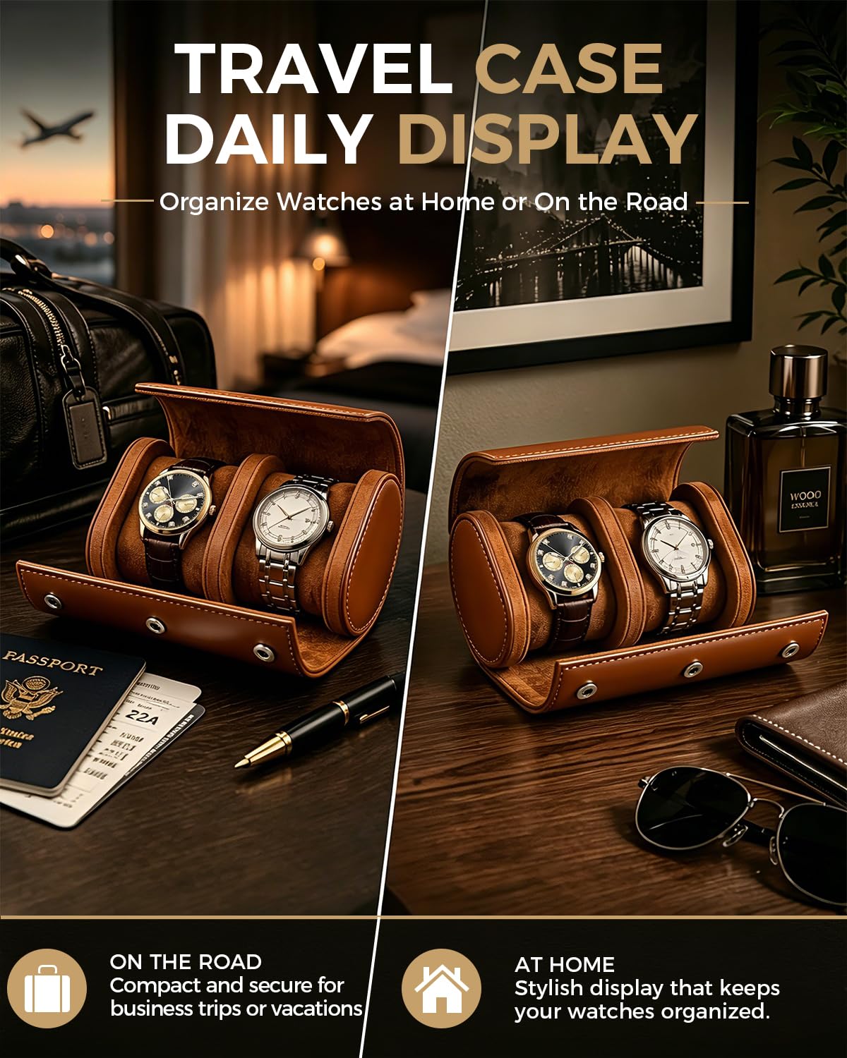 Watch Travel Case for Men: Watch Roll Travel Box 2-Slot with Removable Pillows & Soft Lining - Portable Storage Compact Organizer for Travel & Display - Gift for Men (Brown)