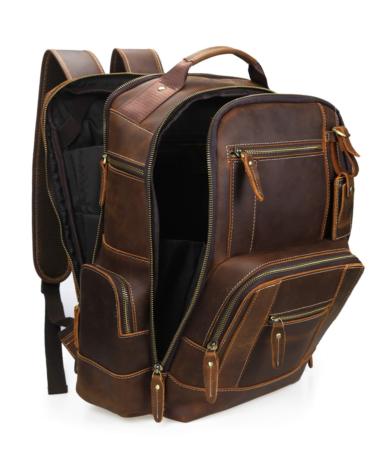 LANNSYNE Men's Vintage Full Grain Leather 15.6 Inch Laptop Backpack Camping Travel 24L Rucksack