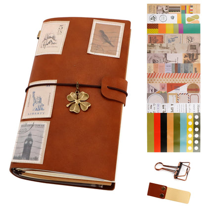 BEIZMHBO Refillable Travelers Notebook with Pockets, Handmade Travel Diary with Pen Holder & Vintage Stickers, Brown Leather Journal with 4 Notebook Inserts for Men Women Traveler Writing, 8.3" x 4.7"