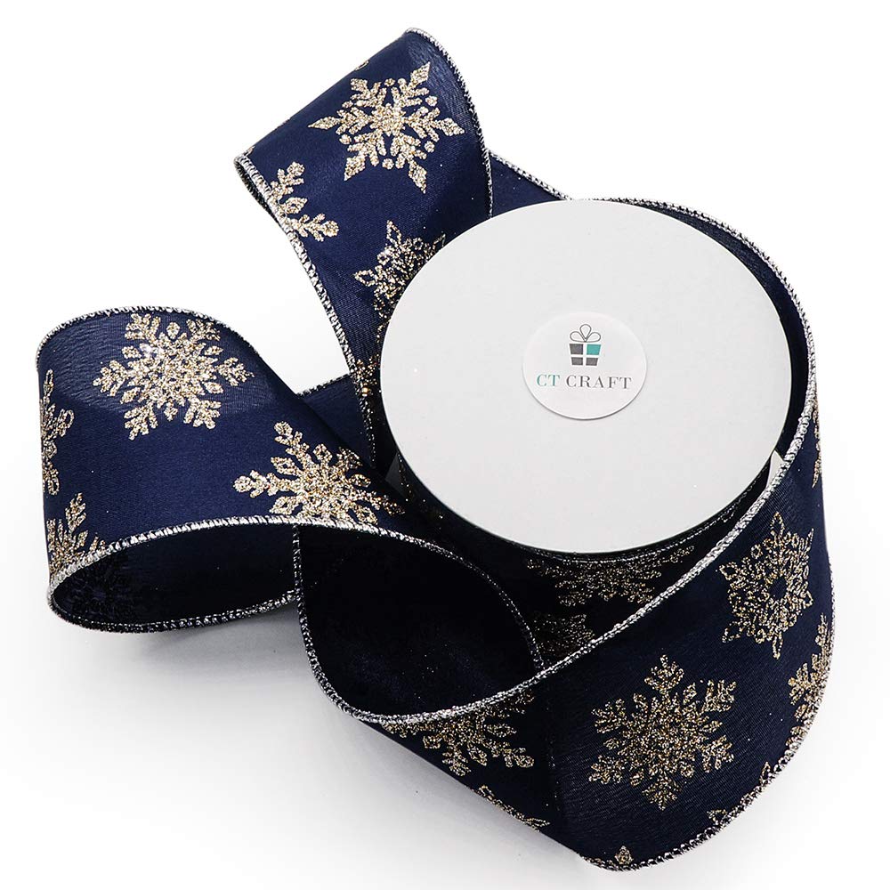 CT CRAFT LLC Navy Satin Gold Snowflake Wired Ribbon 2.5 Inch x 10 Yards for Christmas Home Decor Tree Topper Bow Gift Wrapping DIY Crafts Wreath Garland