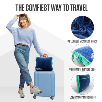 VENTURE 4TH Travel Blanket Pillow – Premium Ultra-Soft & Warm 2-in-1 Blanket or Pillow for Airplane, Car & Bus – Compact, Lightweight & Portable – Lint-Free, No Shedding, No Pilling - Navy/Teal