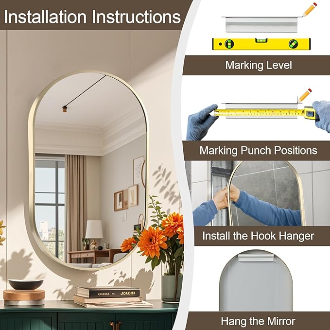 22x30 inch Oval Bathroom Mirror, Gold Vanity Wall Mirror with Brushed Metal Frame, Wall Mirrors for Bathroom, Entryway, Over Sink, Living Room