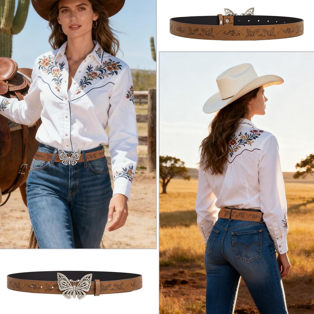 Flimire Western Skinny Leather Belt for Women Brown Country Belt for Jeans Pants Cowgirl Cowboy Belt with Butterfly Buckle (Butterfly)