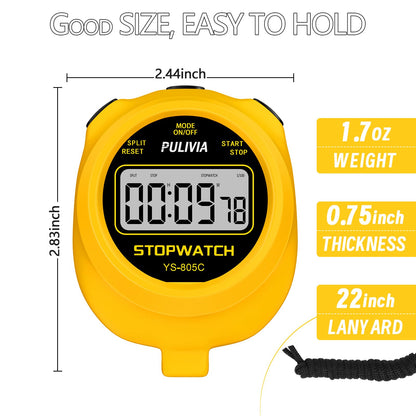 PULIVIA Stopwatch Timer with Countdown, Simple Operation Digital Stop Watch for Sports, Countdown-Alarm Button-Sound, AAA Battery Included (Yellow)