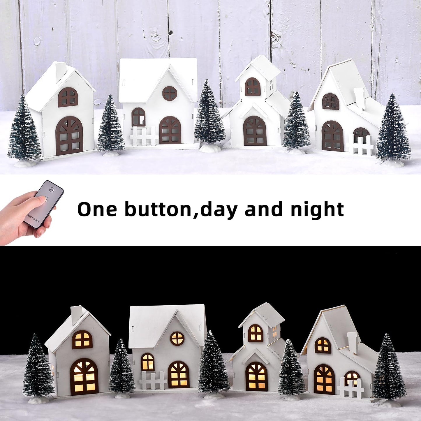 Ovootok Wood & Plastic Christmas Sculpture Set, 9pcs, Including 4 LED Lighted Houses and 5 Frosted Trees for Tabletop Mantel Décor