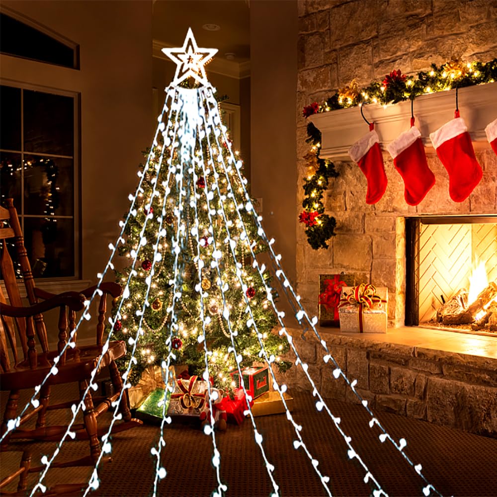 Aokudoni Christmas Decorations Outside, 12.6FT 350 LED 8 Modes Star Christmas Lights Outdoor for House Yard Porch Holiday Decoration, Cool White