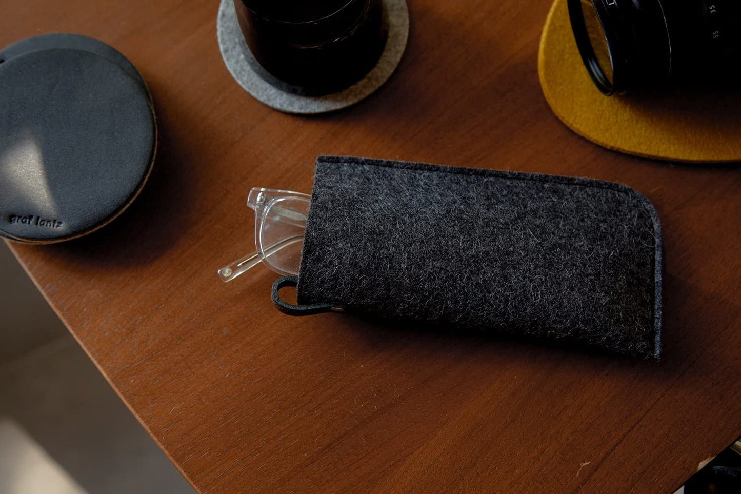 Graf Lantz Eyeglass Sleeve - 100% Merino Wool and Leather - Protective, Scratch Free Material (Charcoal)