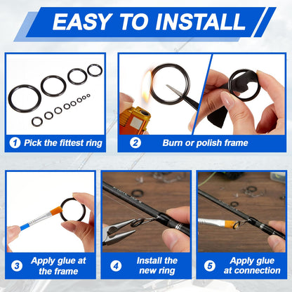 VercanMonth 78 Pcs Rod Tip Repair Kit Fishing Rod Eyelet Repair Kit Includes 12 Sizes Fishing Pole Ceramic Guides Rings Replacement Glue Brushes and Measuring Cups
