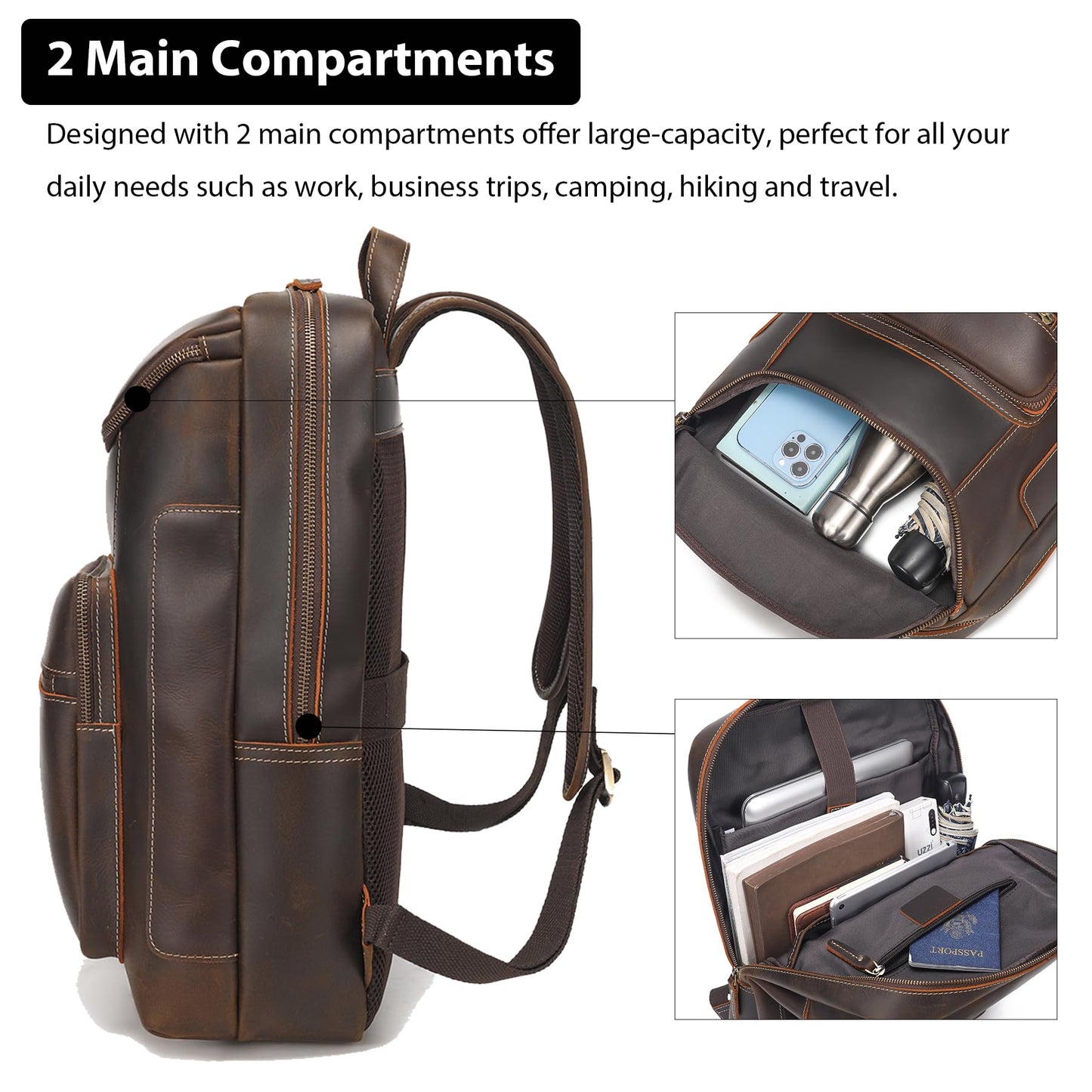 LANNSYNE Full Grain Leather Backpack For Men, 17" Laptop Backpack, Casual Outdoor Business Travel Rucksack, YKK Zippers