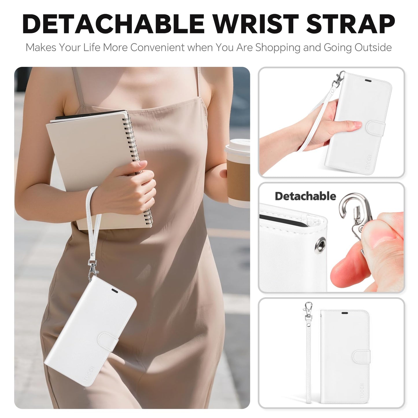 TUCCH 2-in-1 Detachable Wallet Case for iPhone 17 Pro Max (6.9") 2025, Wireless Charging | RFID Blocking 4 Card Holder | Wrist Strap | Kickstand | Magnetic | PU Leather | Protective Flip Cover | White