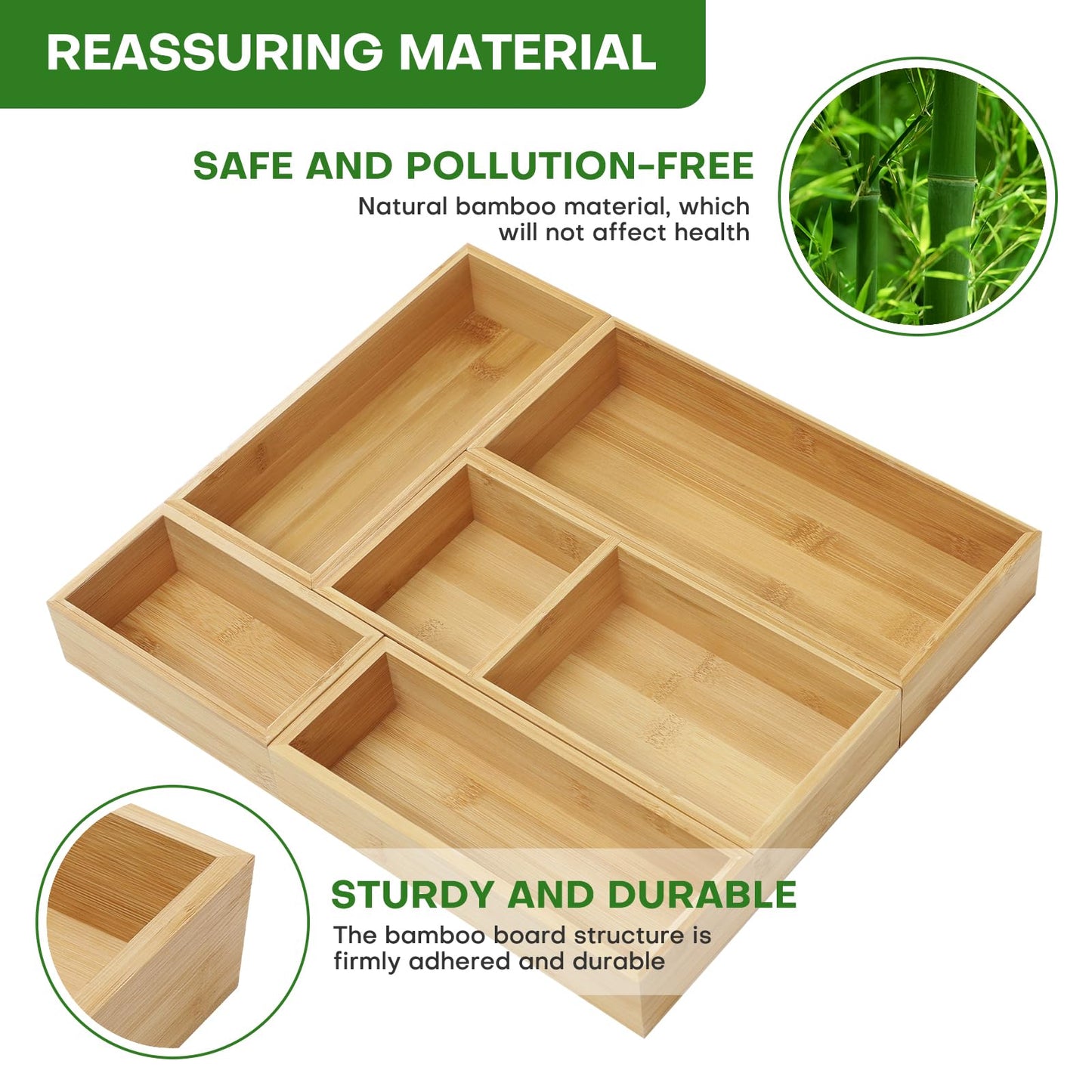 Bamboo Drawer Organizer Set, 5 PCS Multi-Use Individual Wood Storage Organizers, Junk Drawer Divider and Storage Trays Containers for Kitchen, Bathroom, Office Desk, Makeup, Jewelry, Utensils