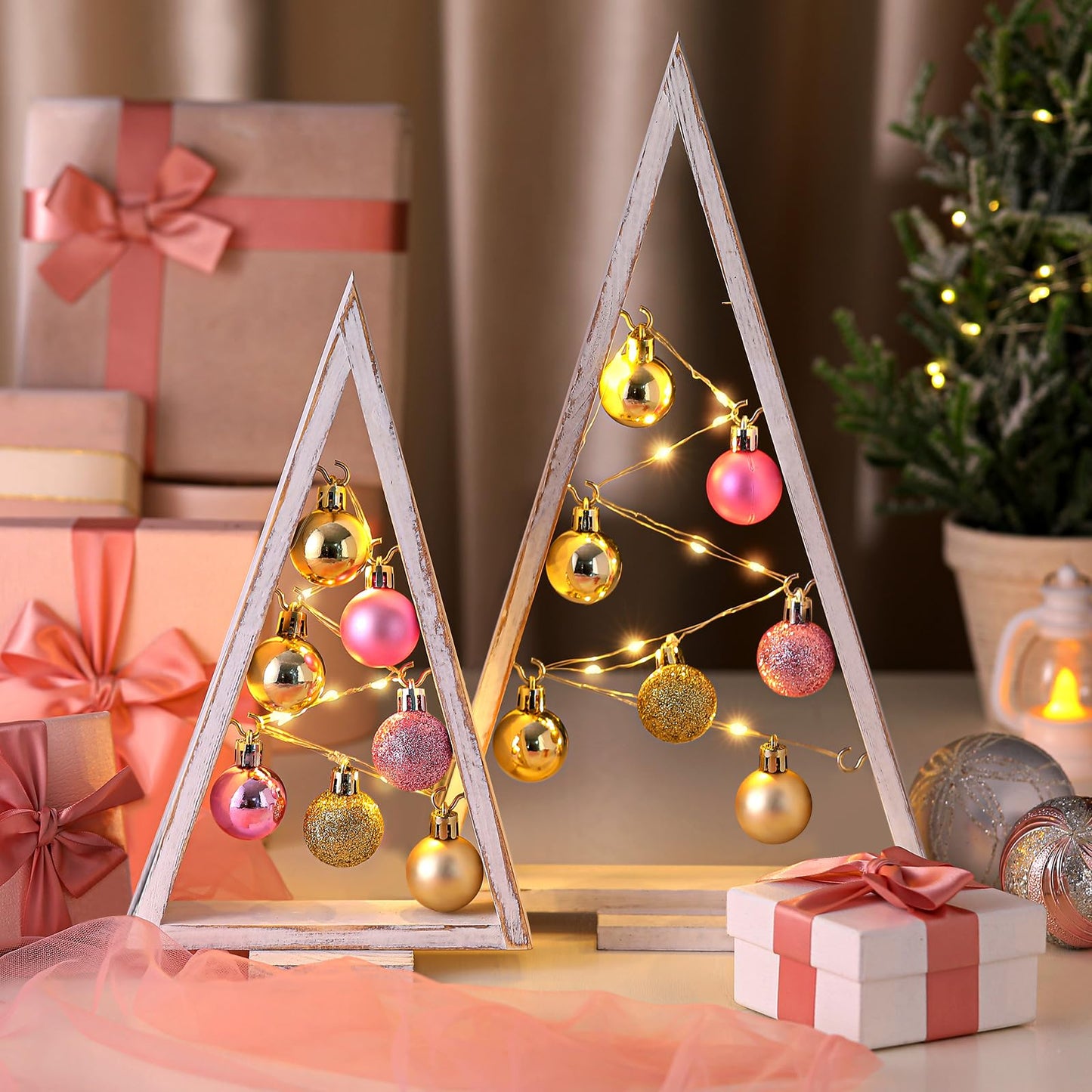 Hungdao 2 Pack Wooden Christmas Tree with Lights and Balls Modern Farmhouse Christmas Table Centerpiece Tabletop Decor for Winter Fireplace Mantle Shelf Home Decor(Pink, Rose Gold)