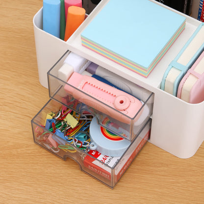 Desk Organizer with 2 Drawer, Plastic Desktop Pen Pencil Card Holder Storage Box for Desk, Office Supplies, Vanity Table Office School Home (White)