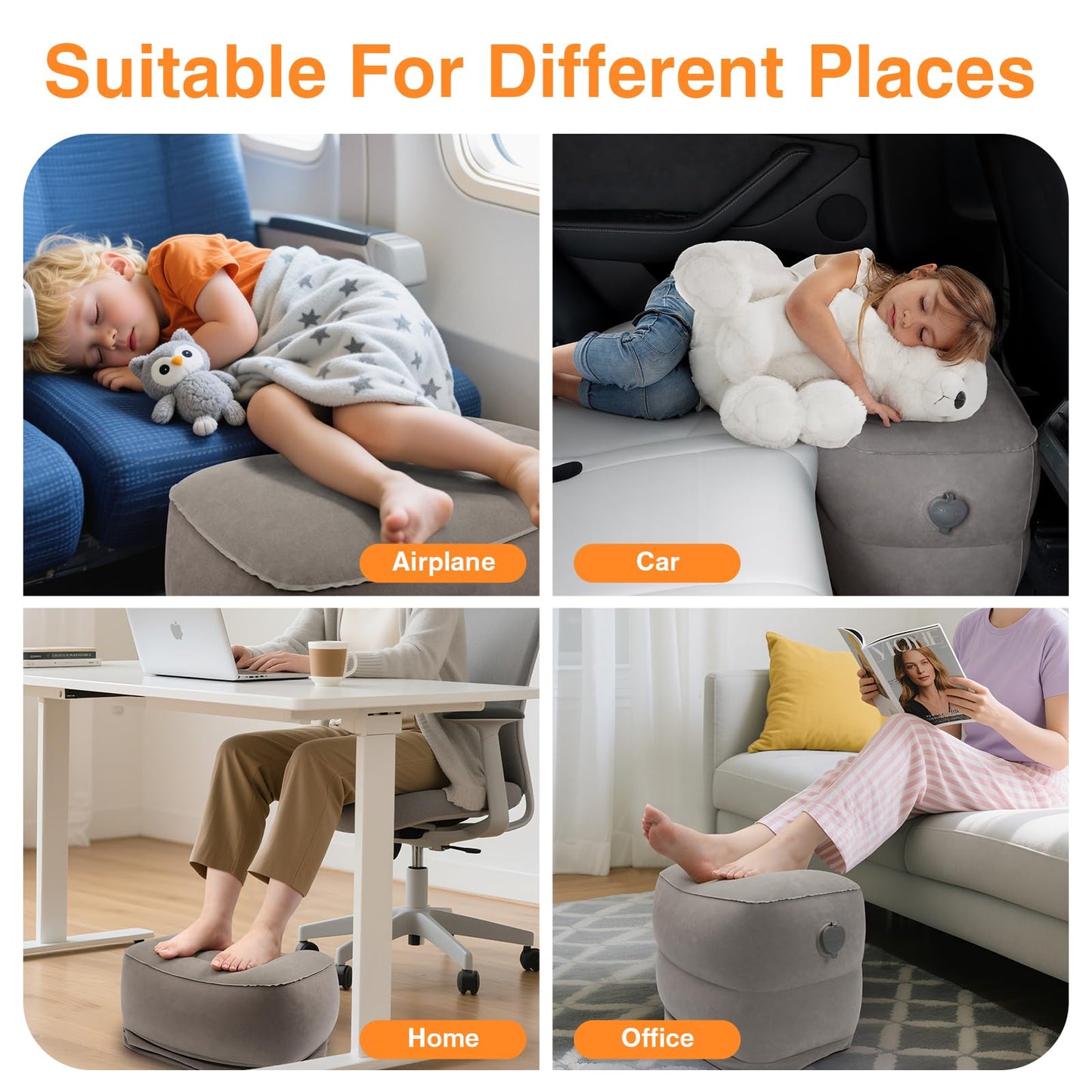 Maliton Inflatable Foot Rest Pillow for Travel,Kids Airplane Bed,Adjustable 3 Layers Height Leg Pillow of Air Travel Essentials,Car, Office, Home - Fast Inflation (Grey)