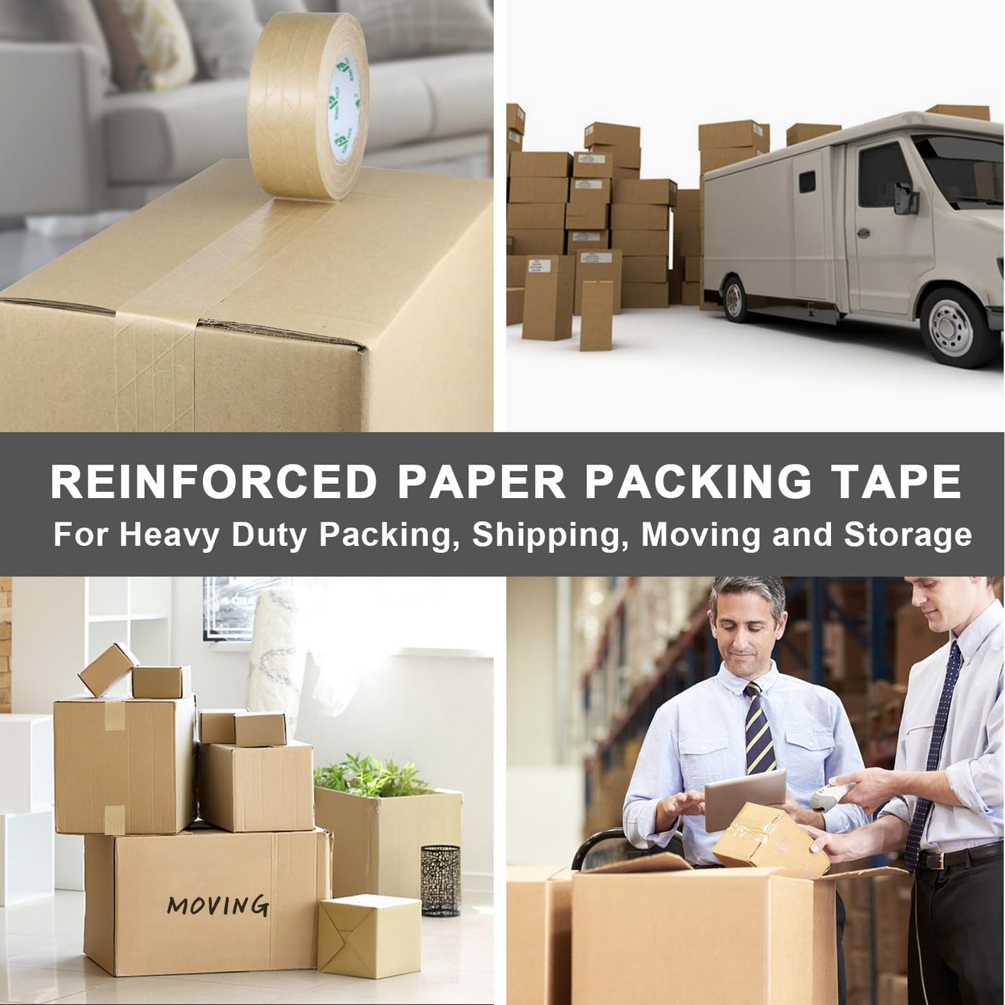 BOMEI PACK 2Pack Reinforced Kraft Paper Tape, Self Adhesive Paper Gummed Packing Tape, for Heavy Duty Packing, Shipping, Moving and Storage, 2Inch55yds