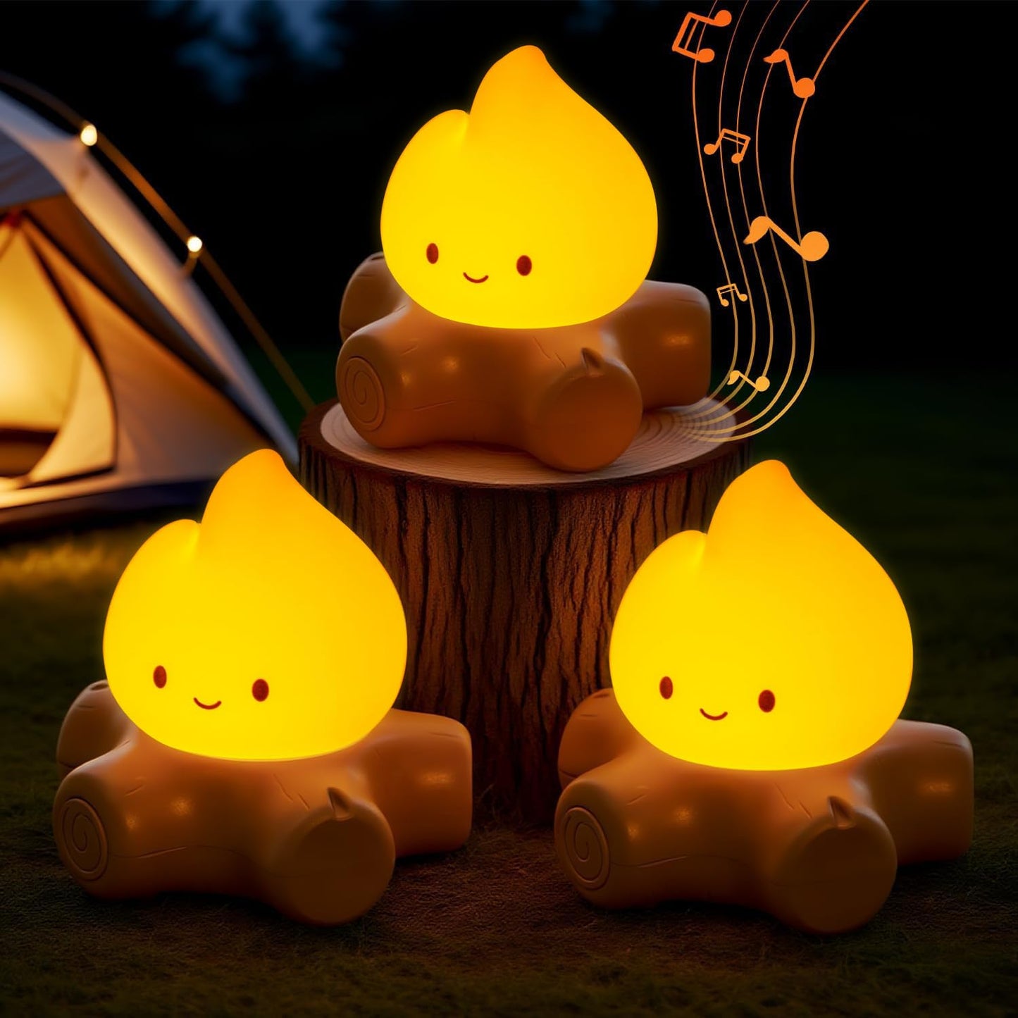 BANDIANCY 3pcs Cozy Campfire Nightlight Kits, Soothing Nature Sounds, White Noise Night Light for Baby Adult, Rechargeable, Cute Flame Lamp, Best Gift for Kids Bedrooms Camping Trips