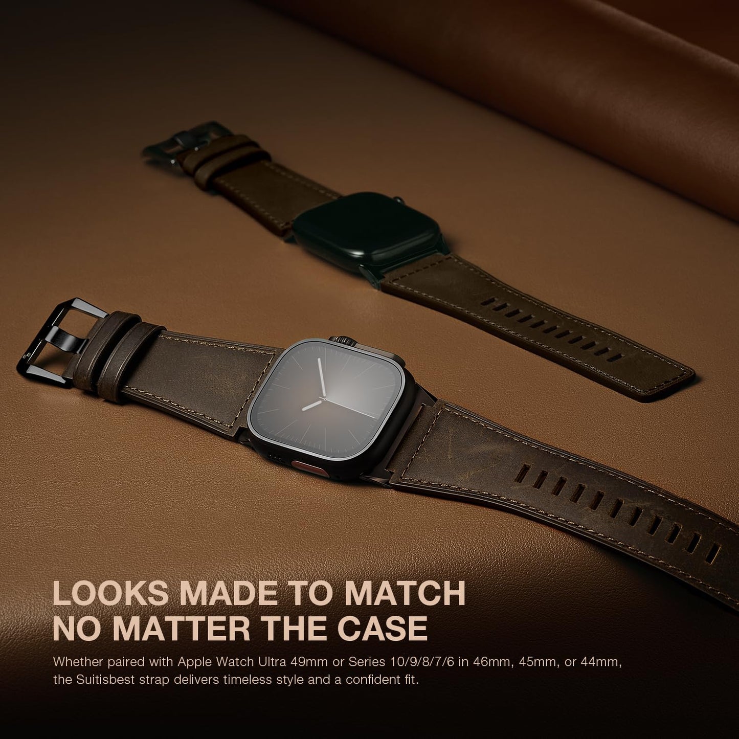 Suitisbest Leather Bands Compatible for Apple Watch Ultra Band 49mm 46mm 45mm 44mm 42mm, Genuine Calfskin Leather Replacement Strap Fits Men iWatch Series 11 10 9 8 7 6 5 4 3, SE 3 2 1, Ultra 3 2 1