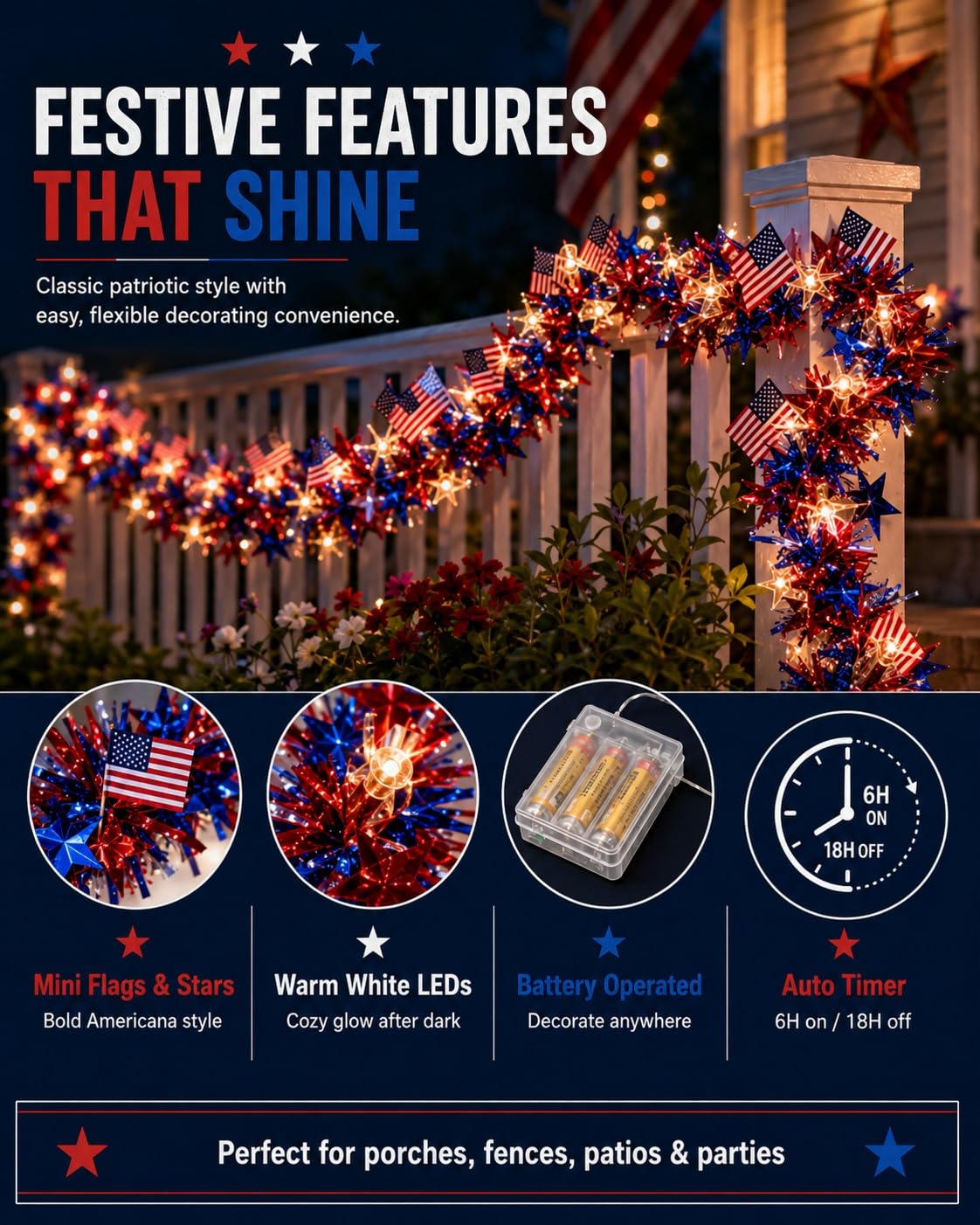 American Flag & Star Red White Blue Fairy Lights, Battery Operated Patriotic Lights with Tinsel Garland, Warm White LED 4th of July Decorations for Memorial Day Independence Day Decor(20 FT,1pc)