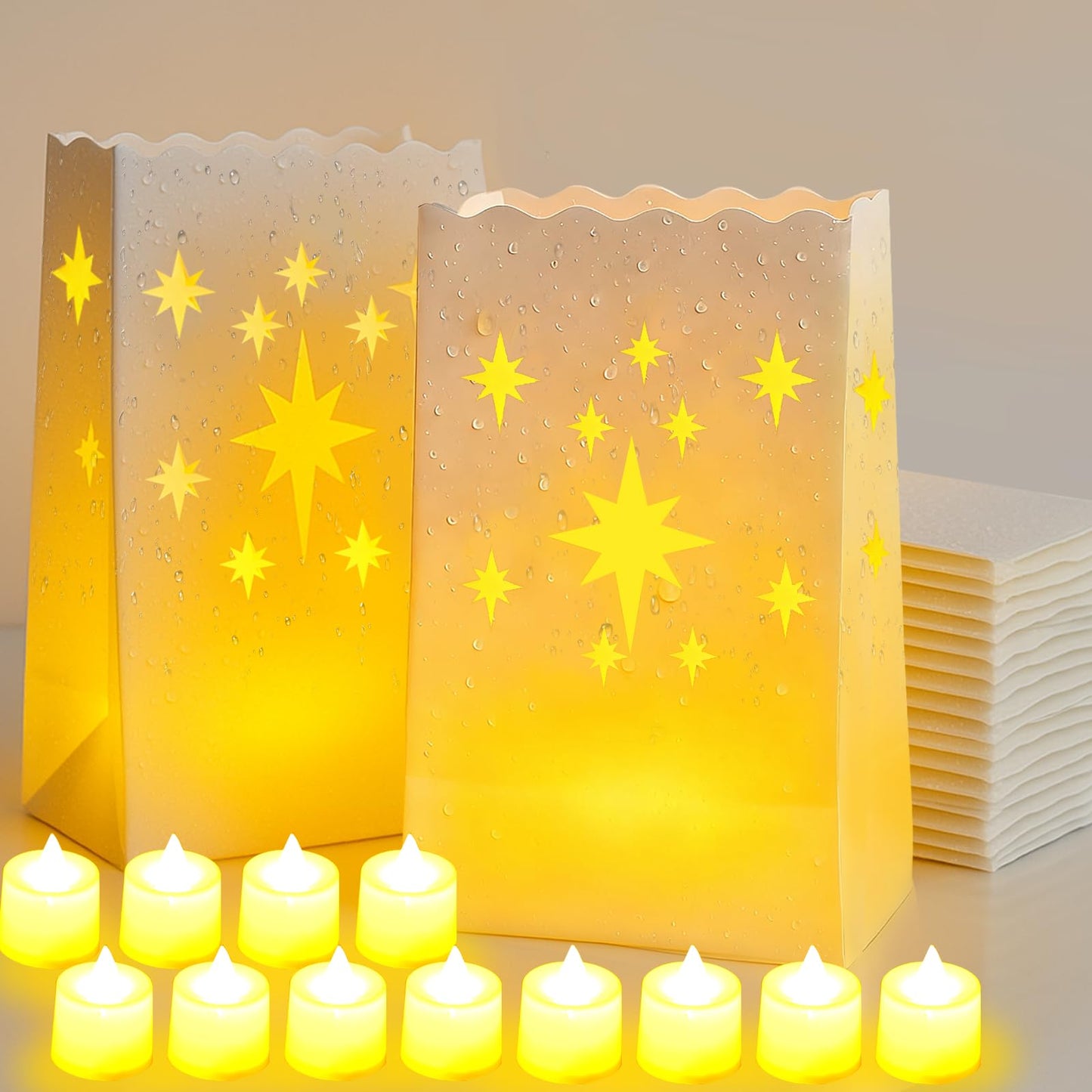 Btanadi Waterproof 100-Pack Luminaria Bags with LED Candles – Reusable White Plastic Luminaries for Outdoor, Christmas, Wedding & Party Decorations
