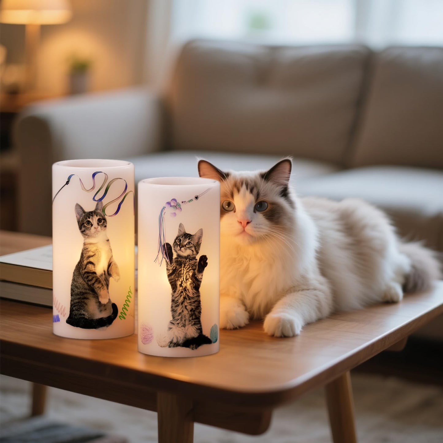 Wondise Flameless Flickering Candles with 6H Timer, Battery Operated Real Wax Pillar Candles with Lovely Cat Decal for Christmas Home Decoration Gifts