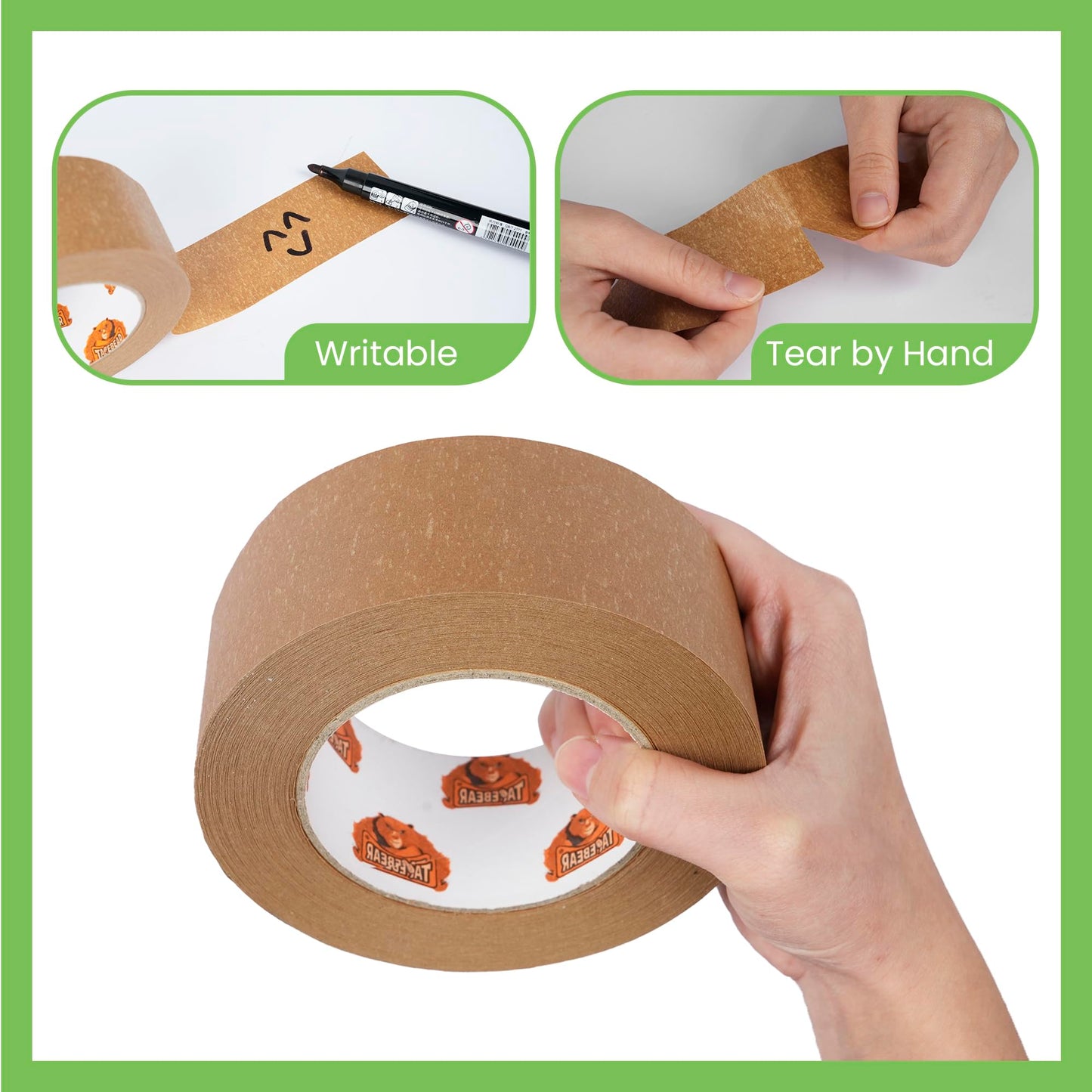 TAPEBEAR Eco-Friendly Kraft Paper Tape, Biodegradable Heavy Duty Packing Tape 2Inch x 55Yard, Recyclable Packaging Tape Self Adhesive Box Tape for Shipping, Sealing, Moving & Masking, 6Rolls