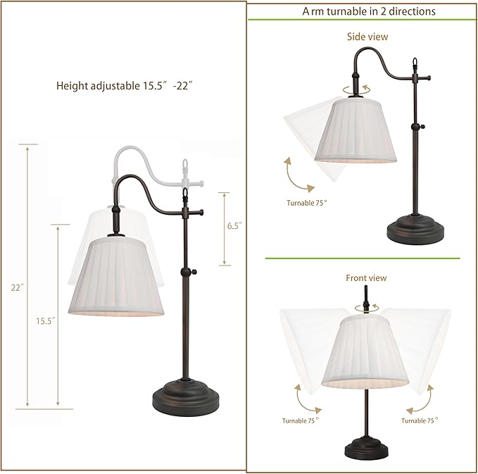Farmhouse Table Lamps for Living Room, Rustic Desk Lamp with Adjustable Height, Industrial Reading Vintage Light with Pleated Fabric Lampshade for Bedroom, E26