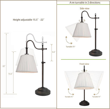 Farmhouse Table Lamps for Living Room, Rustic Desk Lamp with Adjustable Height, Industrial Reading Vintage Light with Pleated Fabric Lampshade for Bedroom, E26