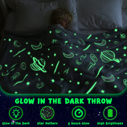 inhand Blue Space Toys Glow in the Dark Stars Blanket Birthday Gifts for Boys Cute Kids Blanket and Funny Space Planet Moon Galaxy Room Decor for Age 3 4 5 6 7 8 9 10 11 12 13 Year Old (50''x60''Blue)