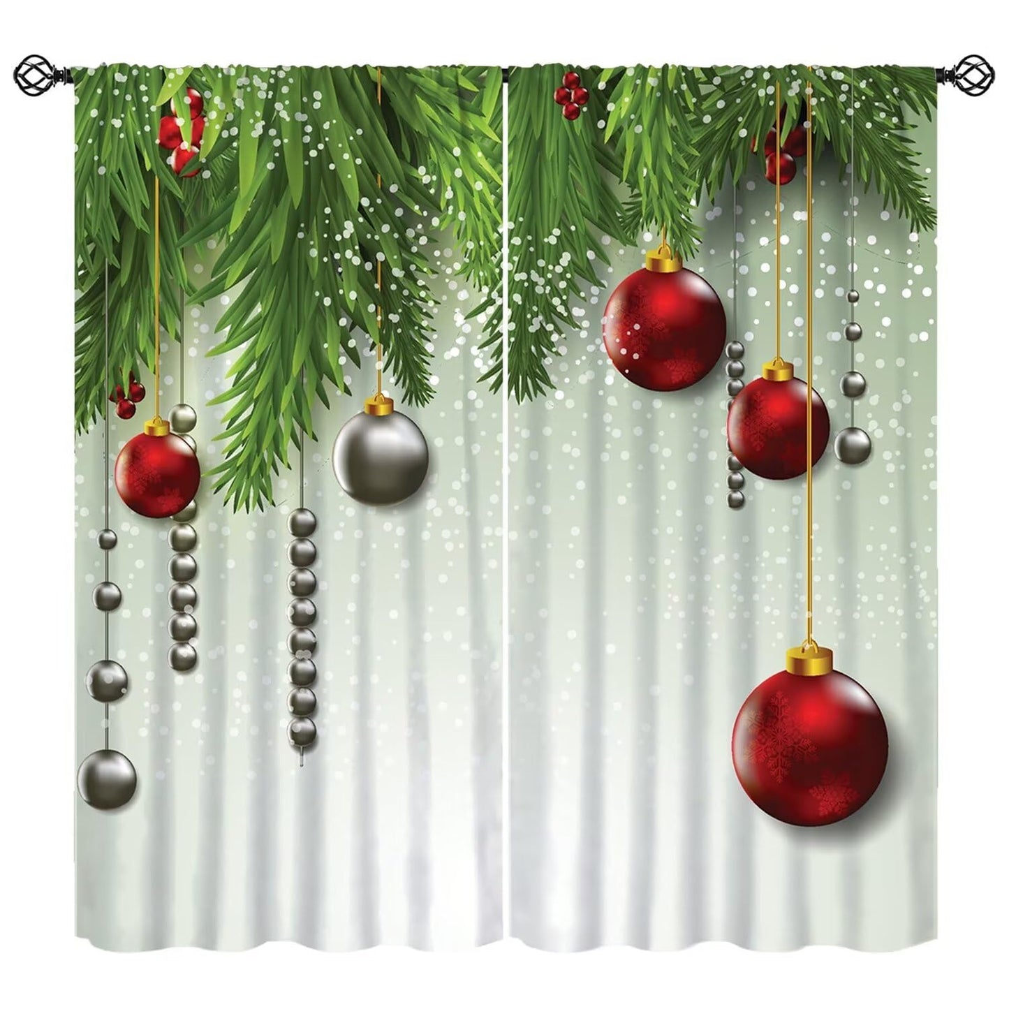 Christmas Curtain Decor Ball Coniferous Pine Tree Twig Tinsel Merry Xmas Window Treatment for Living Room Bedroom Dining Home Decor Window Drapes 42" W X 45" L