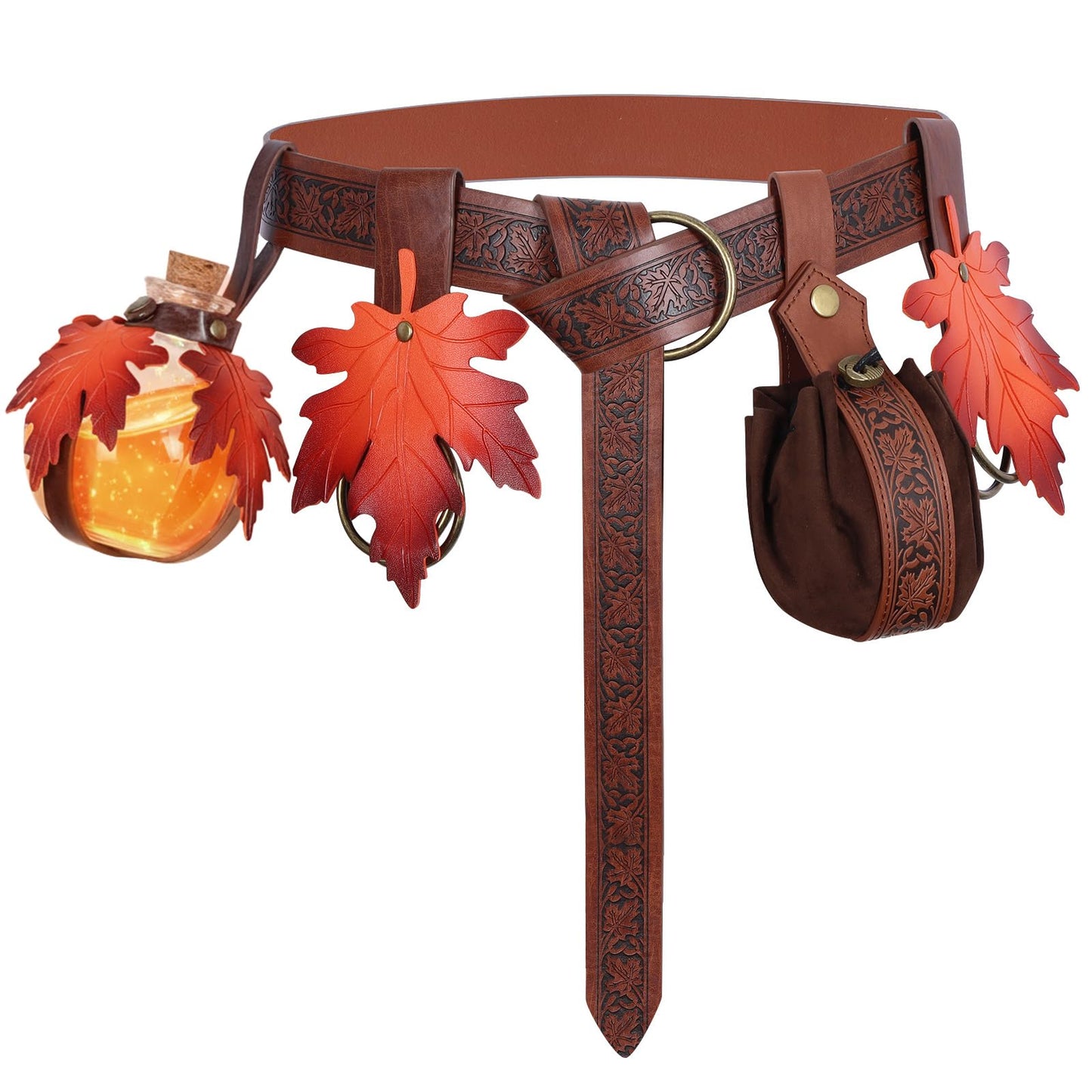 Luazuri Renaissance Belt Waist Bag Embossed Belt Magic Potion Bottle Skirt Hikes Medieval Halloween Cosplay Costume Sets. (Brown A-5pcs)