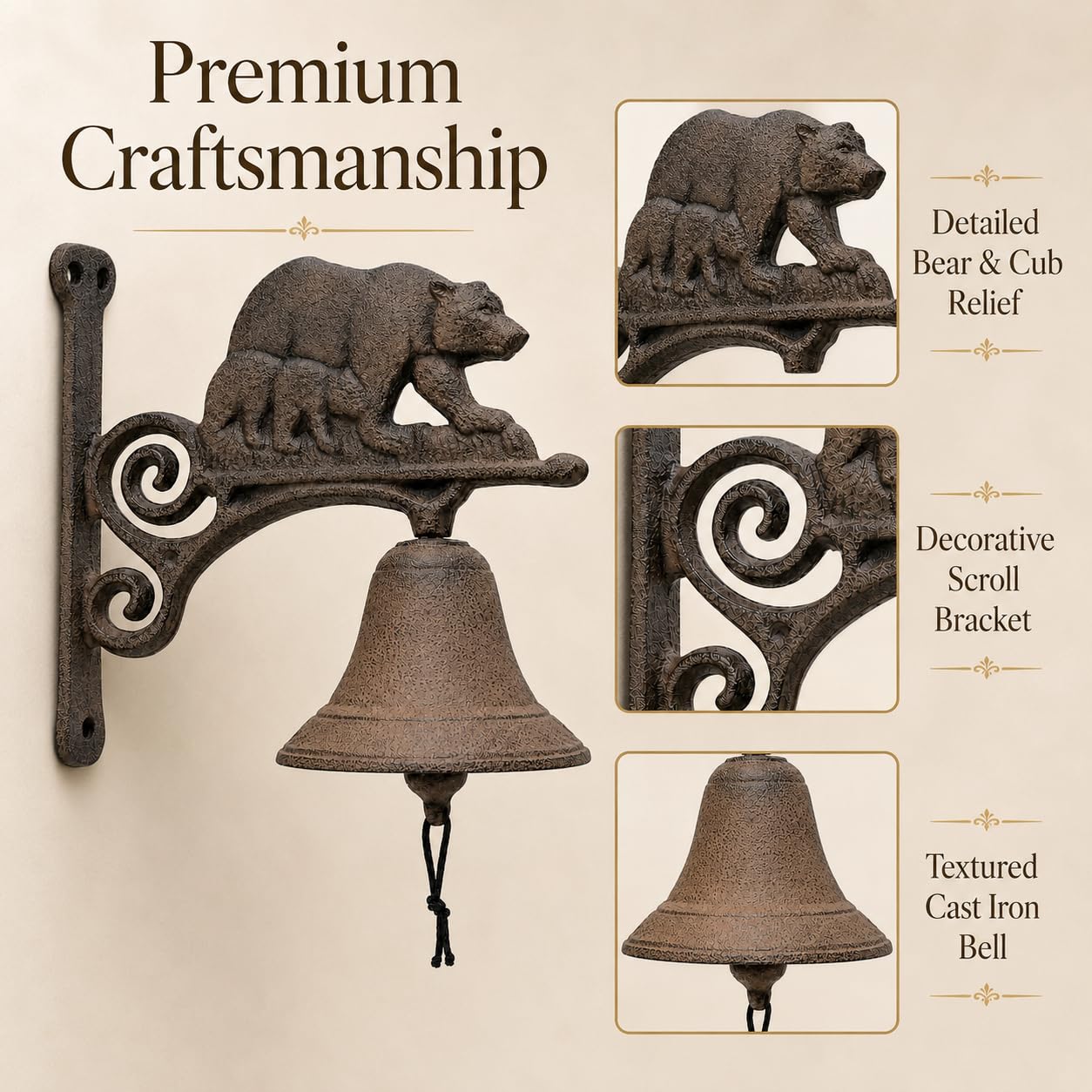 Comfy Hour 7.8" Heavy Duty Cast Iron Bear Dinner Bell, Loud Resonant Wall Mounted Outdoor Doorbell for Farmhouse, Garden & Cabin, Decorative Wildlife Metal Bell for Porch, Antique Black Finish