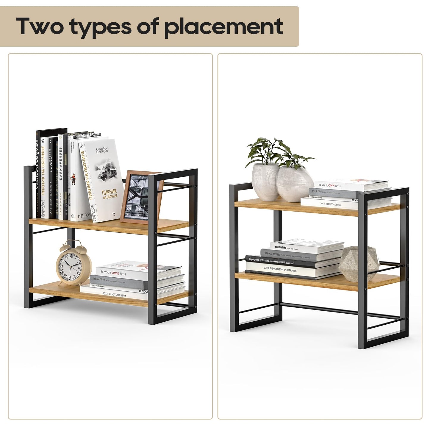 ART-GIFTREE Office Desk Shelf Organizer, Wood Desktop Bookshelf Supplies Storage Rack, Shelf for Top of Desk and Dresser (Black-2 Tier)
