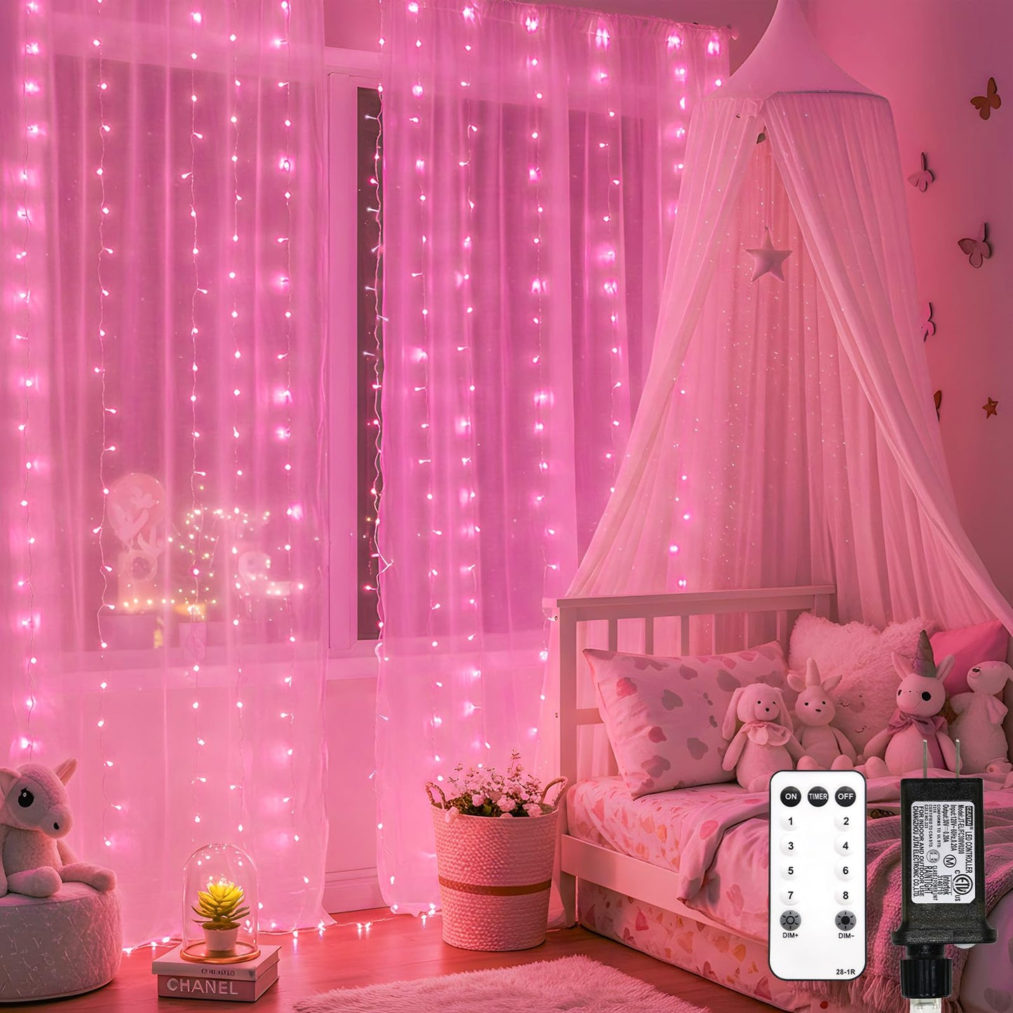 suddus Curtain Lights for Bedroom, 300 Led 9.8ft x 9.8ft Hanging String Lights Outdoor, Fairy Curtain Lights for Backdrop, Window, Wall, Wedding, Party,Birthday Decoration,Pink