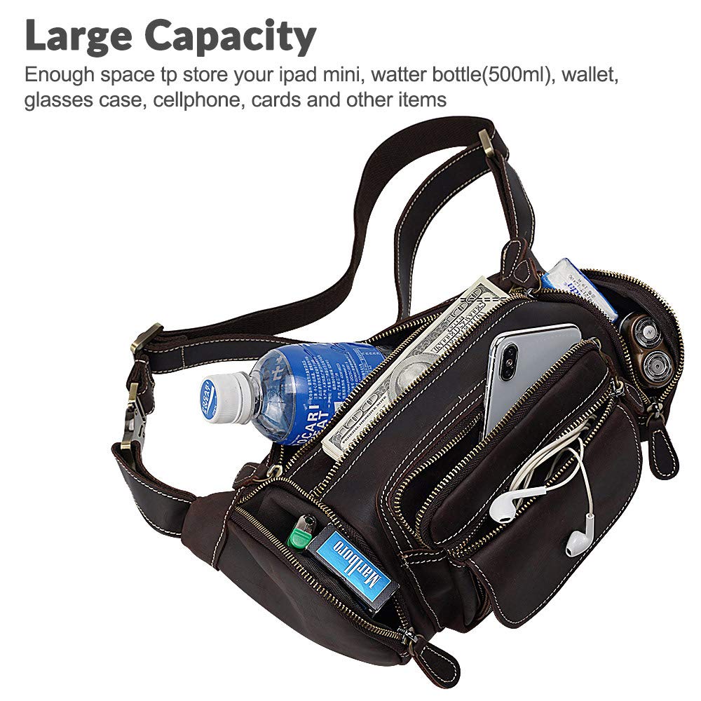 TIDING Leather Fanny Pack For Men Large Capacity Crossbody Waist Belt Bag For Travel Sports Outdoor Hiking Cycling Running